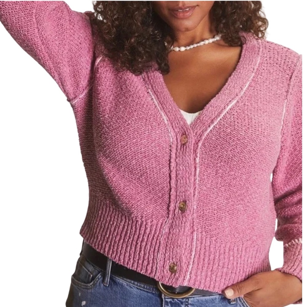 Pilcro Anthropologie Pink Yin Yang Heart Icon Cardigan Cropped Knit Sweater M